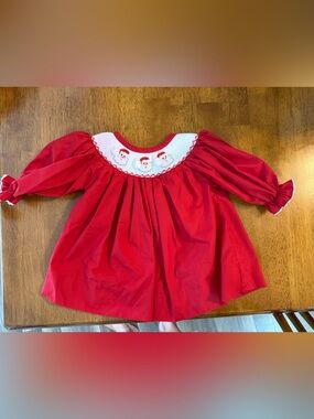 Red Smocked Holiday Dress for Girls with Santa Yoke